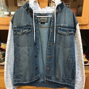 Denim Hoodie Jacket by Brooklyn Cloth size large with Heathered Sleeves